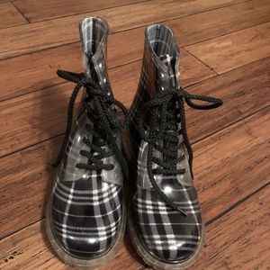 Dirty Laundry Black White Plaid Rubber Combat Boot